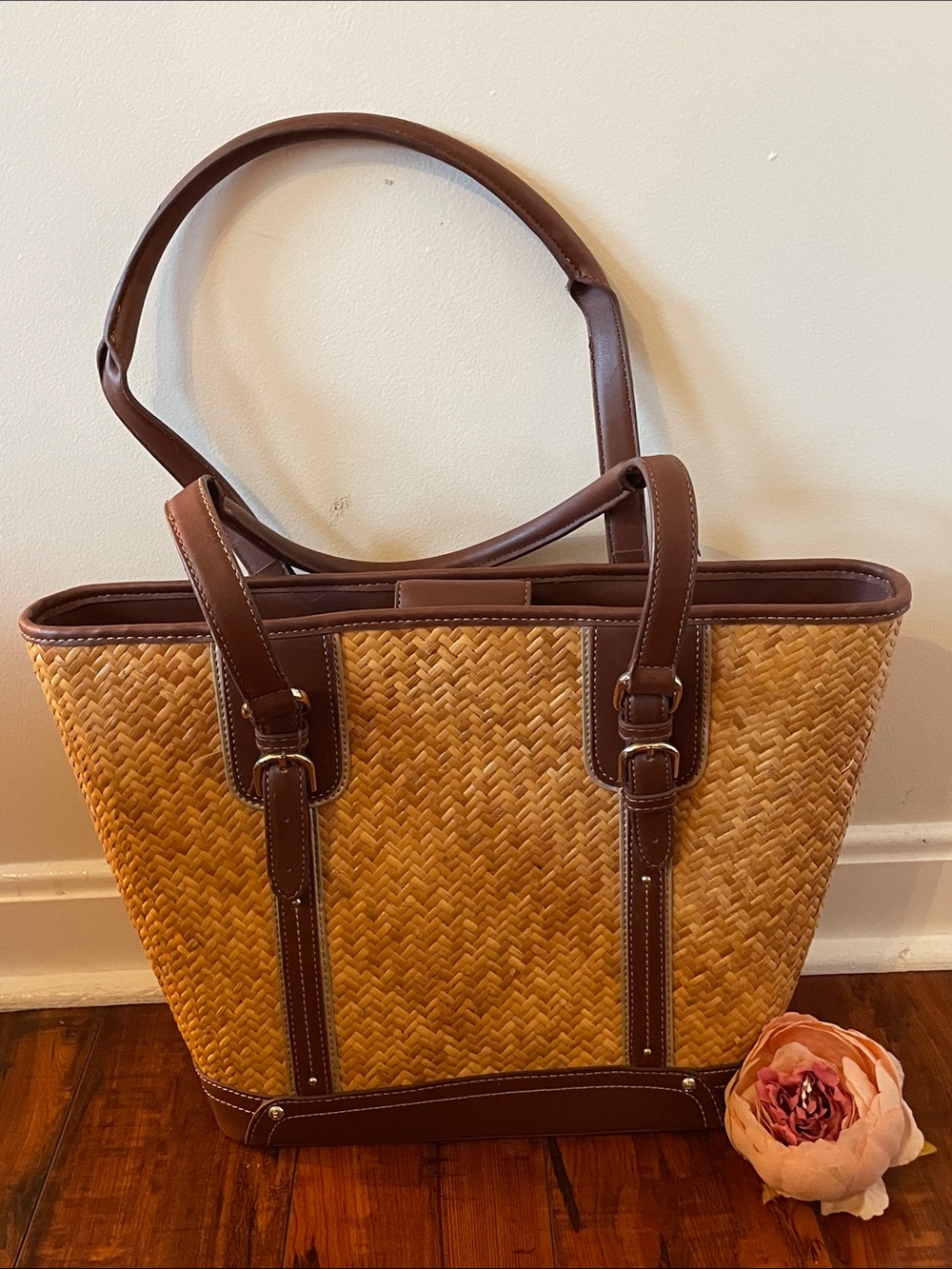 Etienne Aigner Woven Straw Rattan Brown Leather Trim Tote Shoulder Bag